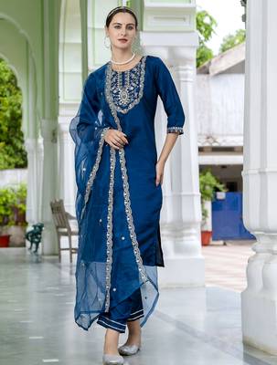 teal-blue silk blend festive kurta set 1