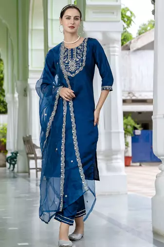 teal-blue silk blend festive kurta set