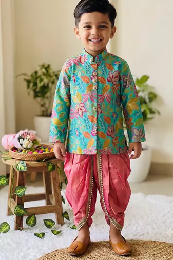 Kids festive skyblue floral motif kurta and orange dhoti set