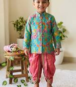 Kids festive skyblue floral motif kurta and orange dhoti set