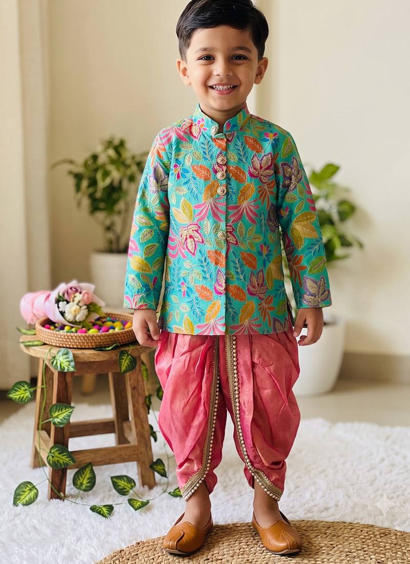 Kids festive skyblue floral motif kurta and orange dhoti set
