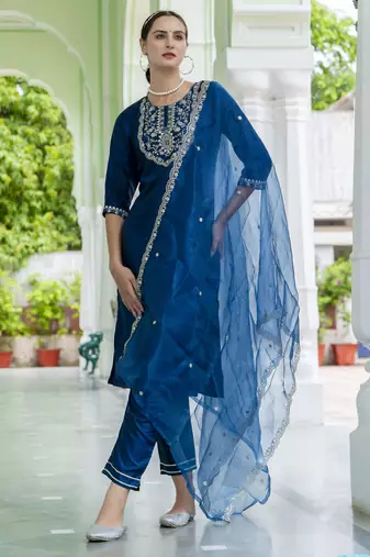 teal-blue silk blend festive kurta set