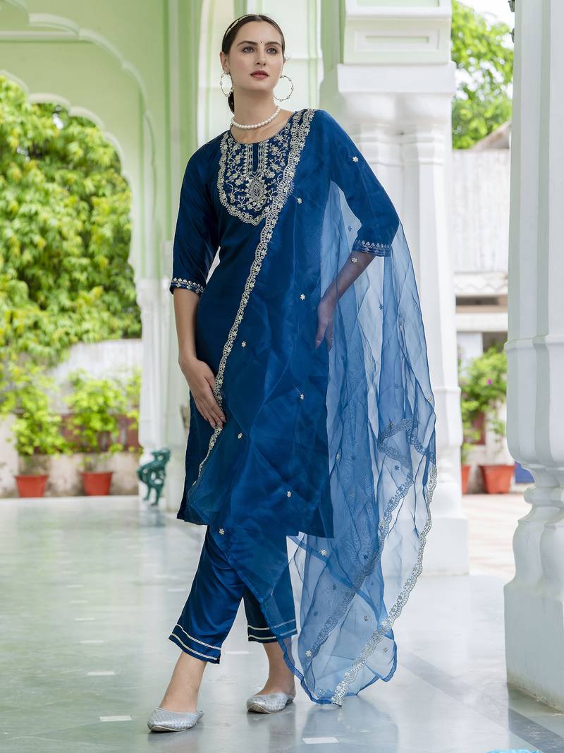 teal-blue silk blend festive kurta set