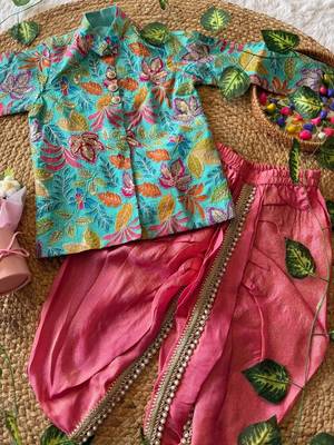 Kids festive skyblue floral motif kurta and orange dhoti set 2