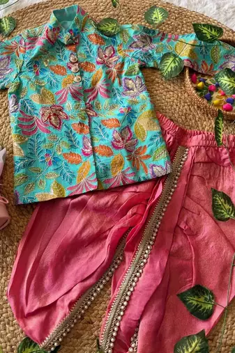 Kids festive skyblue floral motif kurta and orange dhoti set