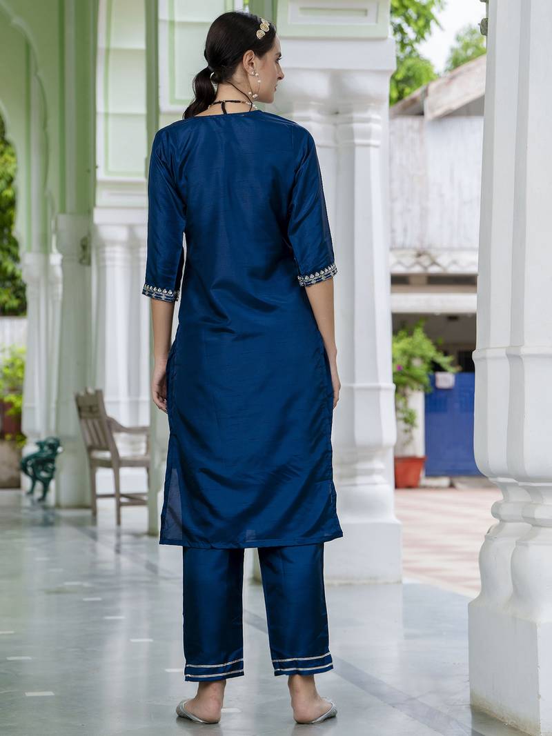 teal-blue silk blend festive kurta set