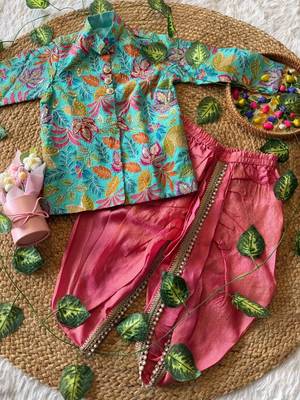 Kids festive skyblue floral motif kurta and orange dhoti set 3