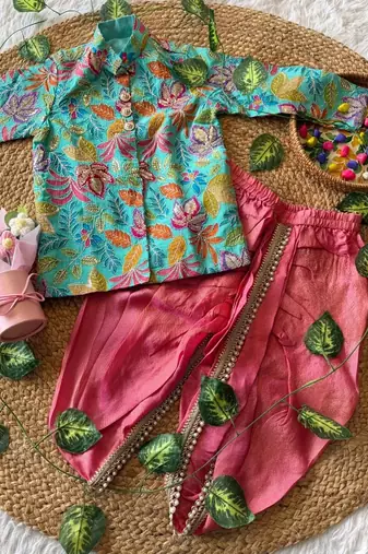 Kids festive skyblue floral motif kurta and orange dhoti set