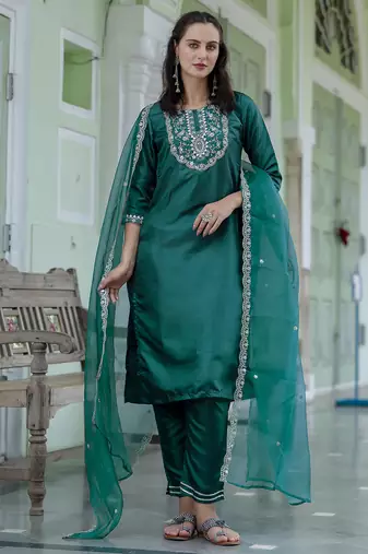 green silk blend festive kurta set
