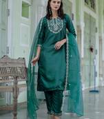 green silk blend festive kurta set