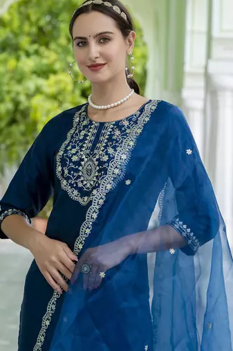teal-blue silk blend festive kurta set
