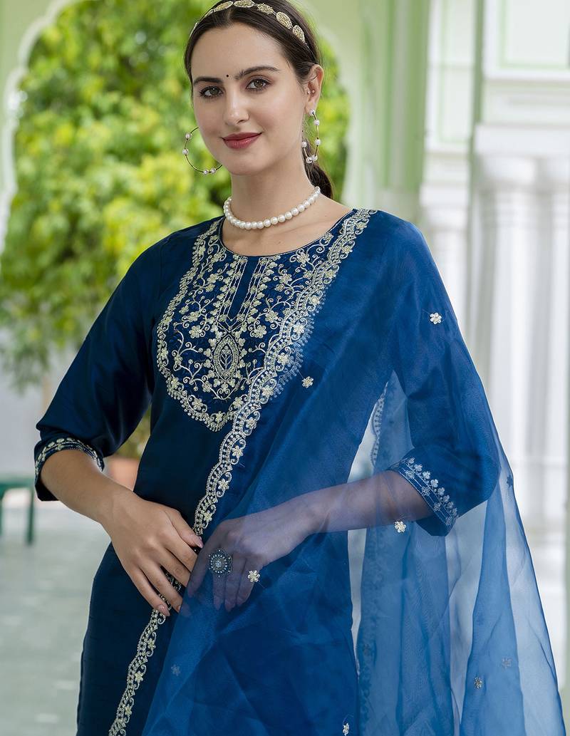 teal-blue silk blend festive kurta set