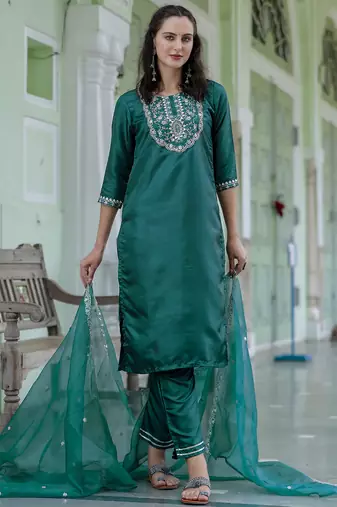green silk blend festive kurta set