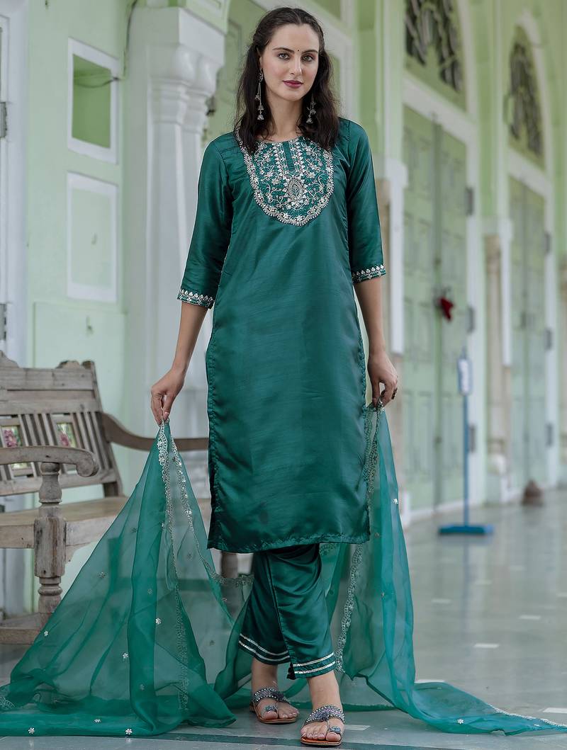 green silk blend festive kurta set