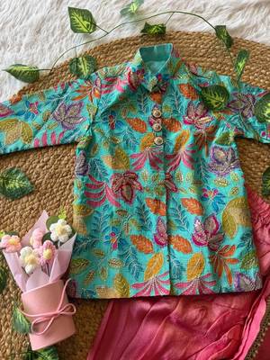 Kids festive skyblue floral motif kurta and orange dhoti set 4