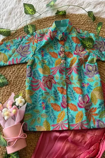Kids festive skyblue floral motif kurta and orange dhoti set