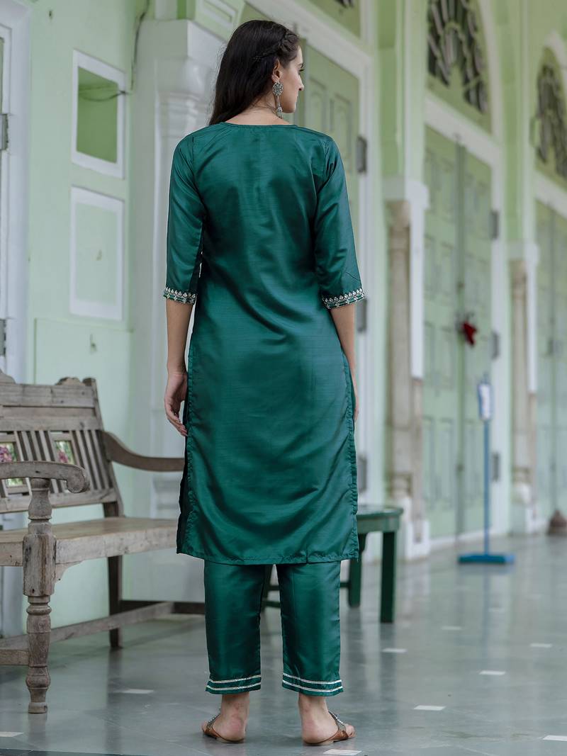 green silk blend festive kurta set
