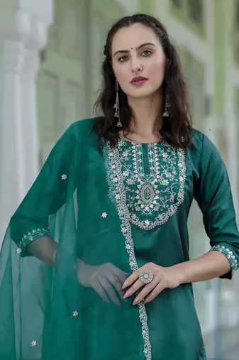 green silk blend festive kurta set