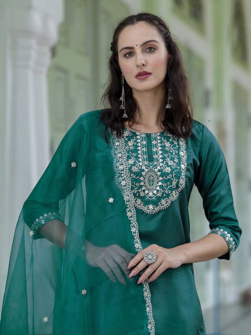 green silk blend festive kurta set