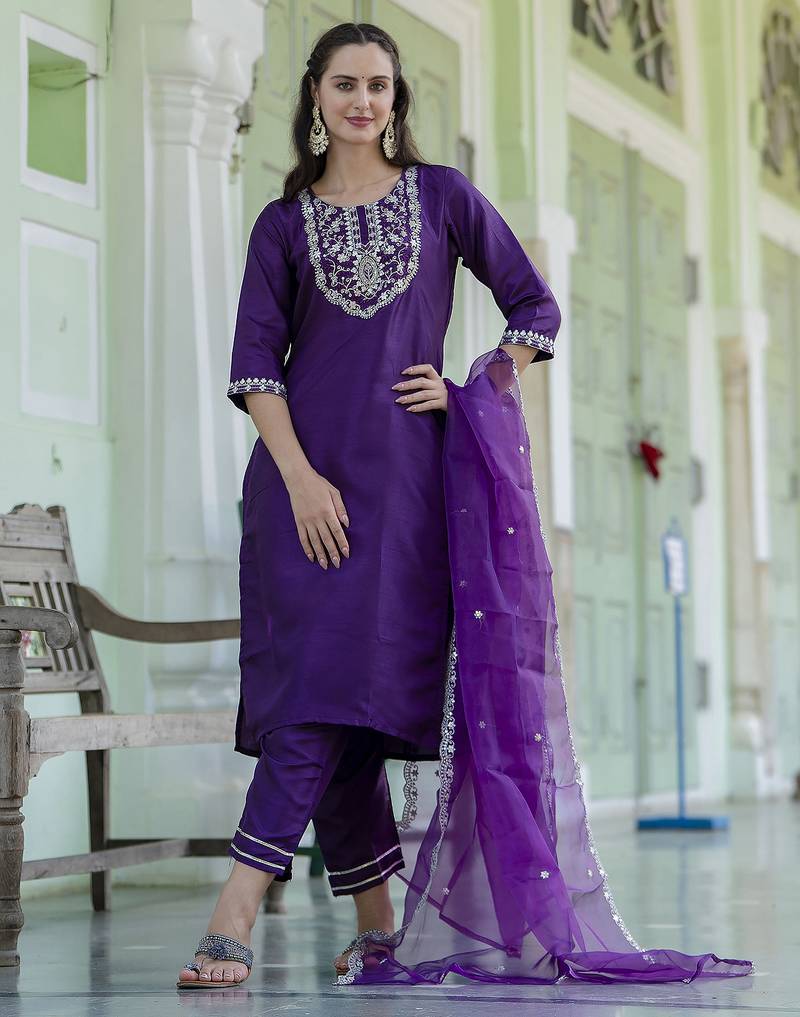 purple silk blend festive kurta set