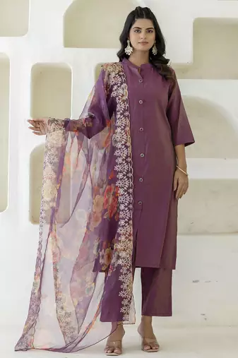 purple shimmer silk festive kurta set