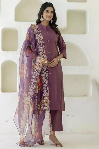 purple shimmer silk festive kurta set