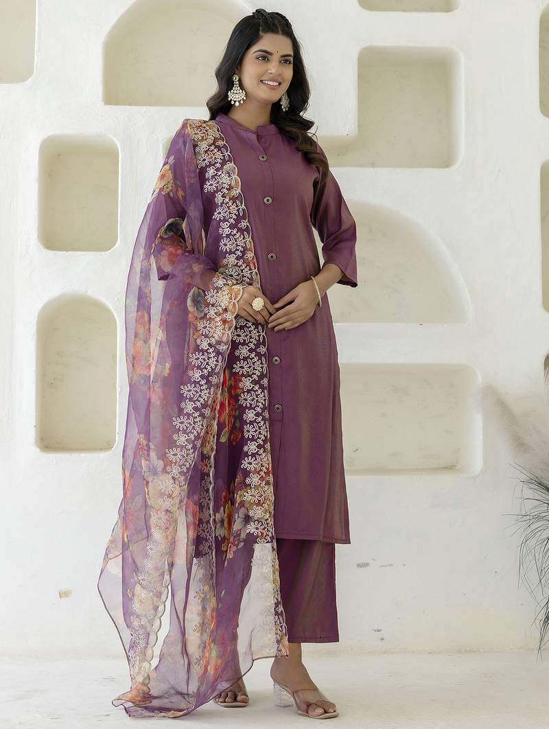 purple shimmer silk festive kurta set