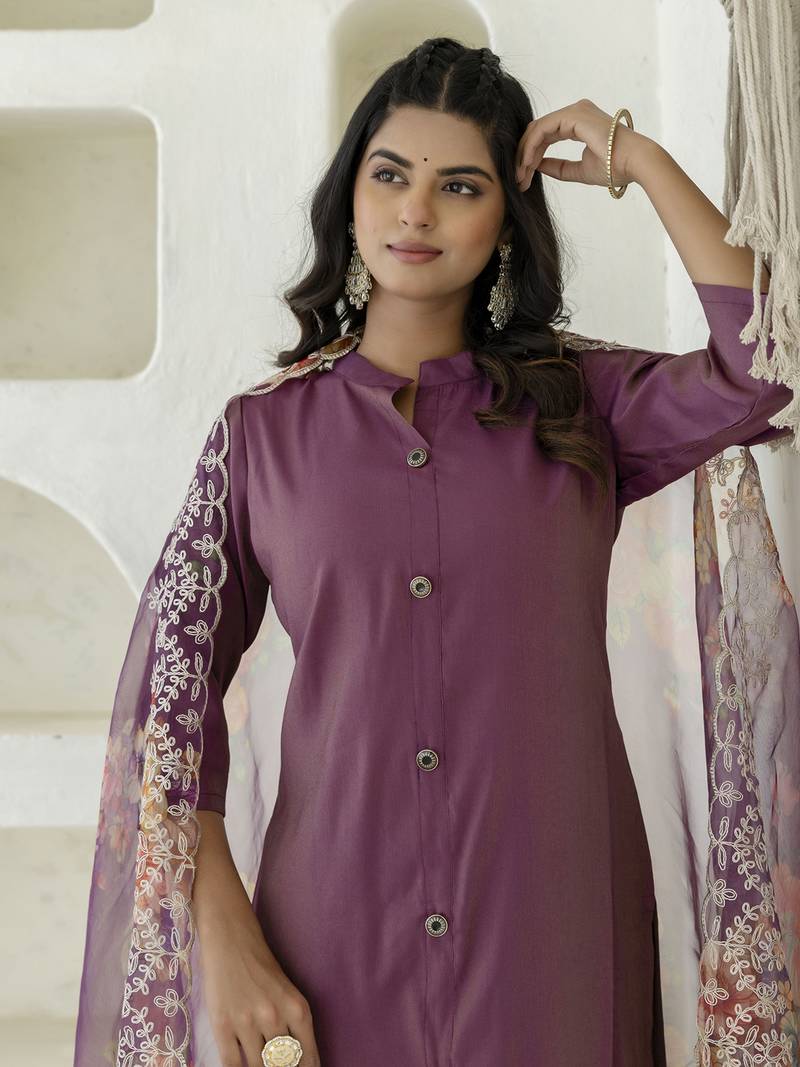 purple shimmer silk festive kurta set