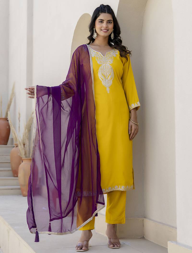yellow silk blend festive kurta set