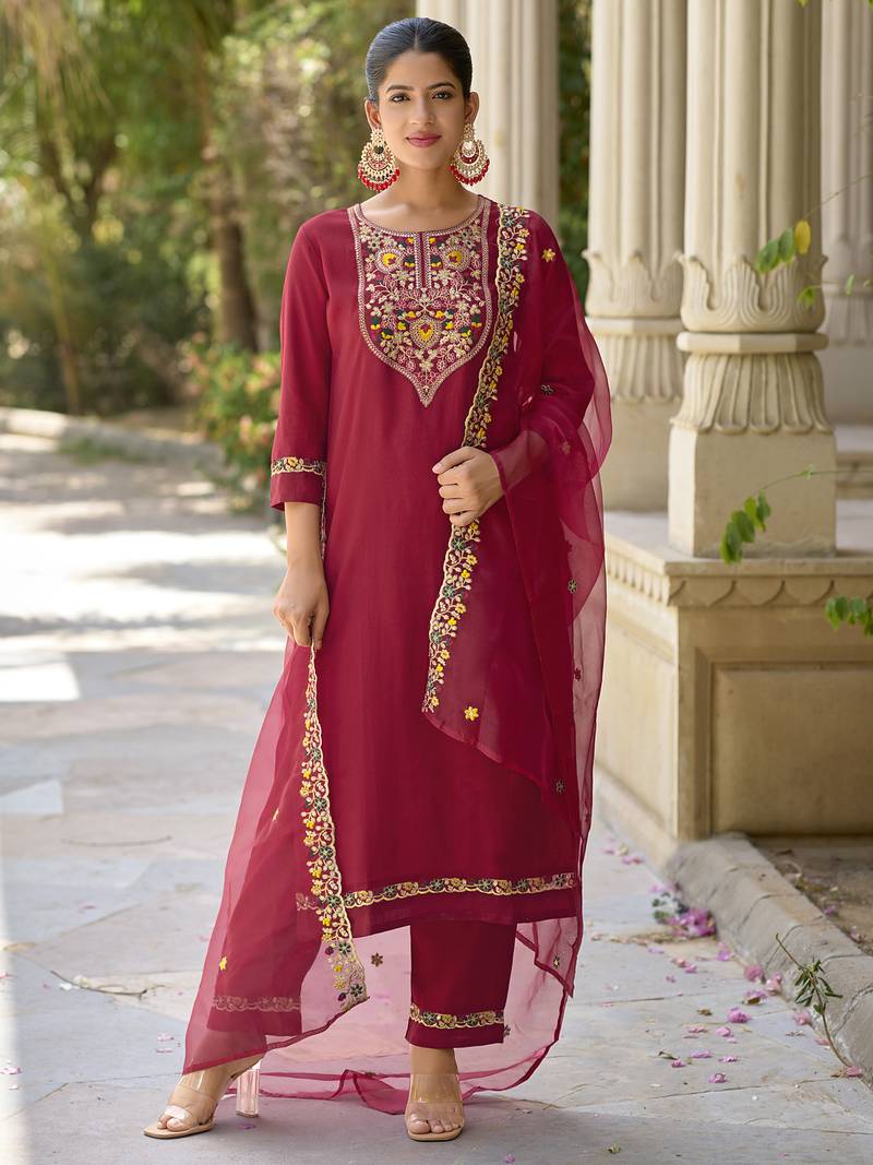 maroon rayon festive kurta set
