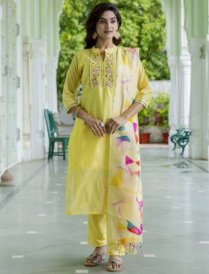 yellow chanderi silk festive kurta set 1