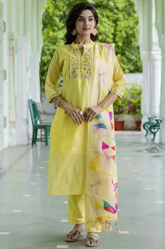 yellow chanderi silk festive kurta set