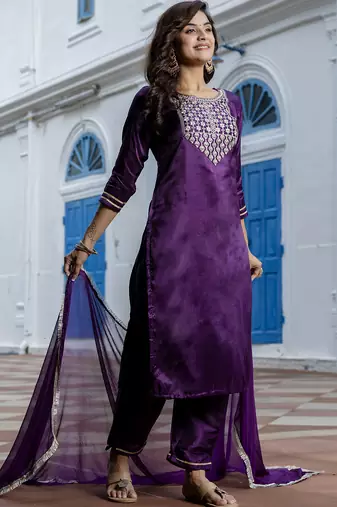 purple silk blend festive kurta set