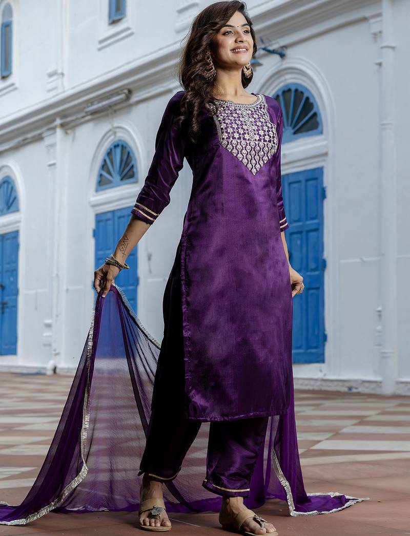 purple silk blend festive kurta set