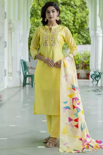 yellow chanderi silk festive kurta set