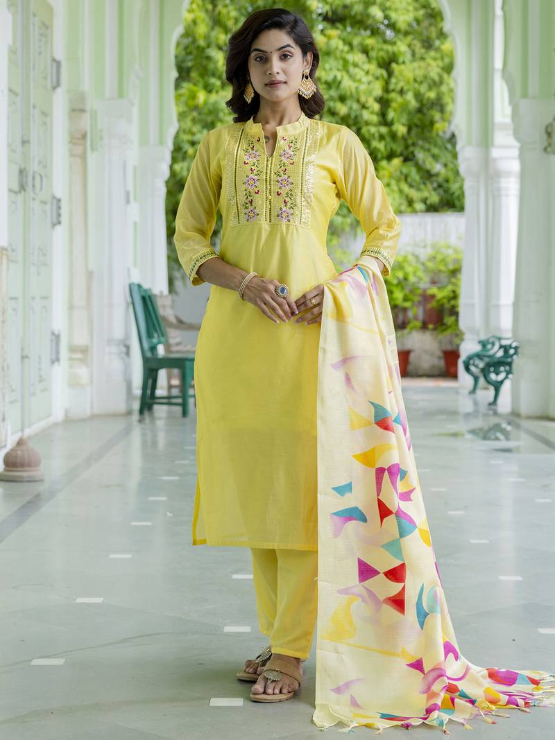 yellow chanderi silk festive kurta set