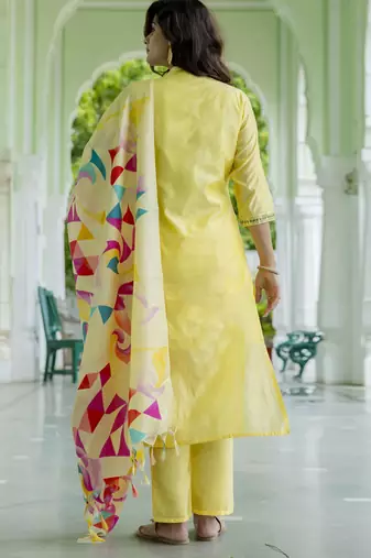 yellow chanderi silk festive kurta set