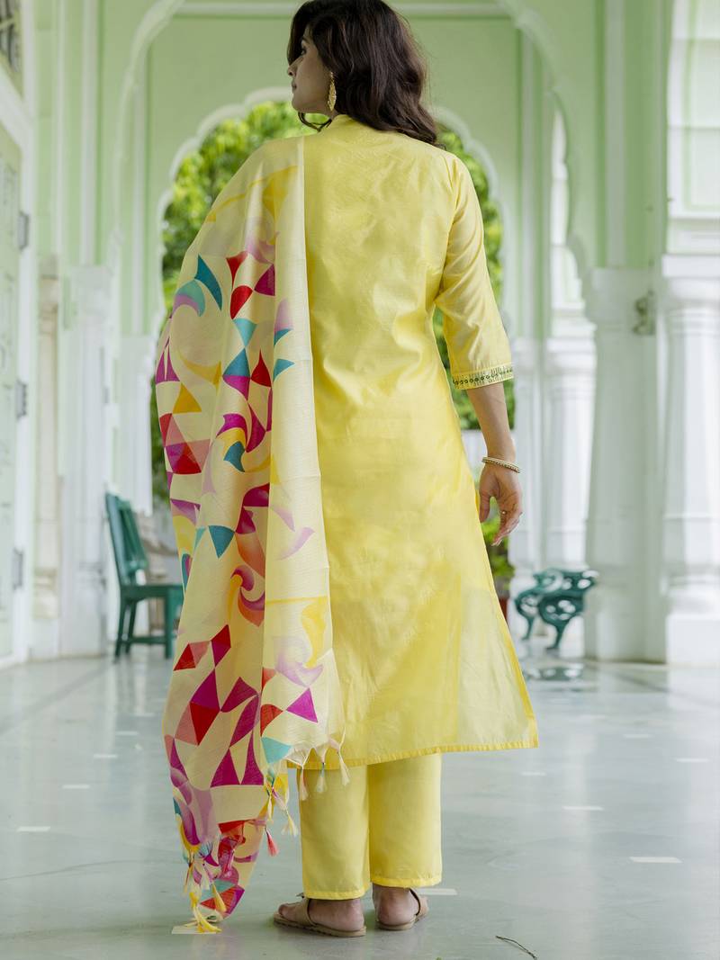 yellow chanderi silk festive kurta set