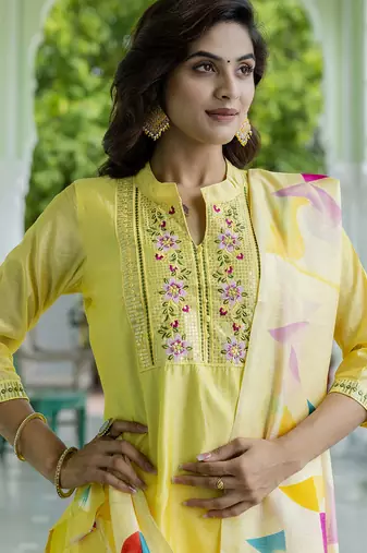 yellow chanderi silk festive kurta set