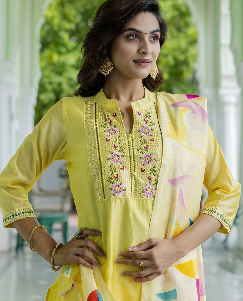 yellow chanderi silk festive kurta set
