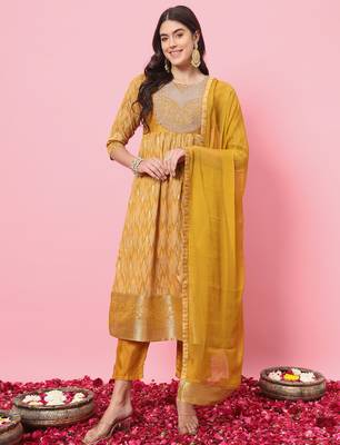 yellow cotton silk festive kurta set 1