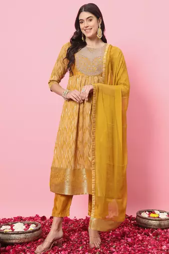 yellow cotton silk festive kurta set