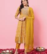 yellow cotton silk festive kurta set