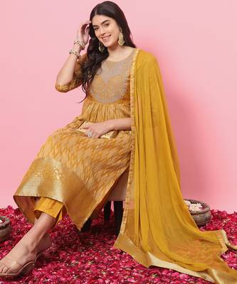 yellow cotton silk festive kurta set 2