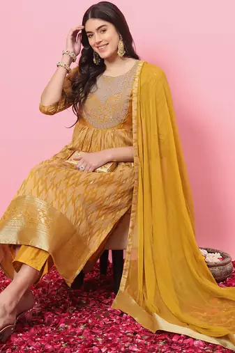 yellow cotton silk festive kurta set