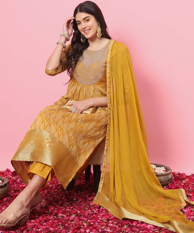yellow cotton silk festive kurta set
