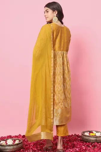 yellow cotton silk festive kurta set