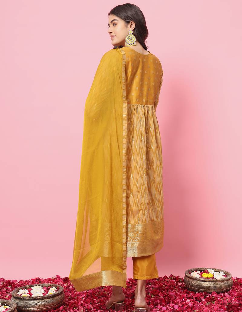 yellow cotton silk festive kurta set