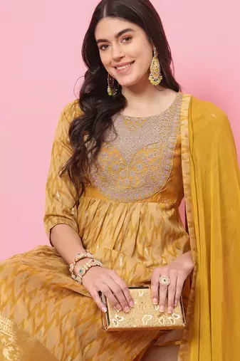 yellow cotton silk festive kurta set