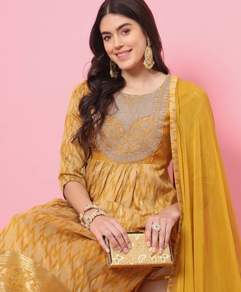 yellow cotton silk festive kurta set